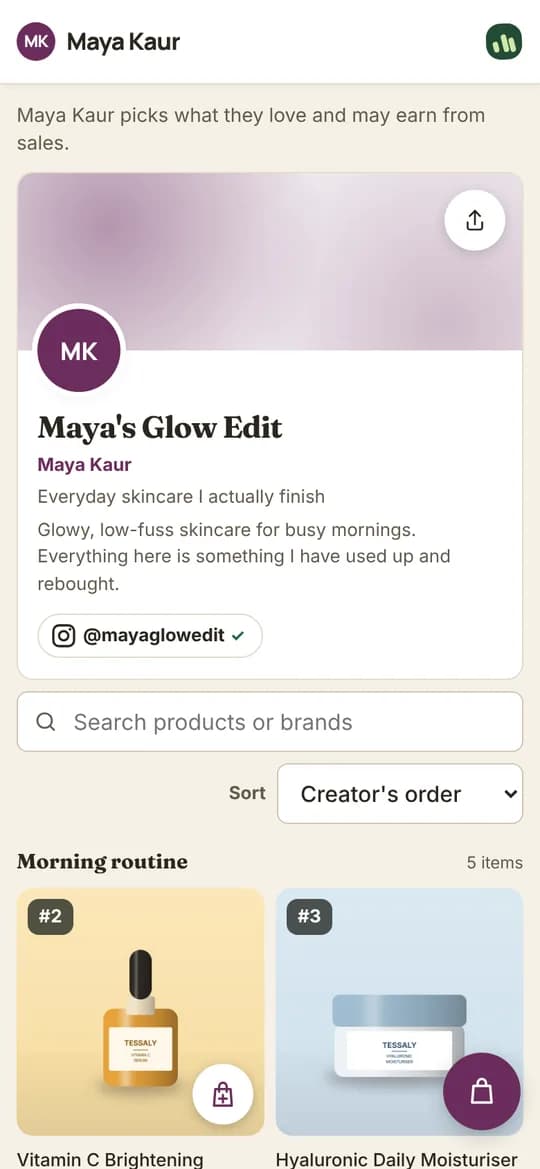 Example creator storefront with a profile and skincare recommendations.